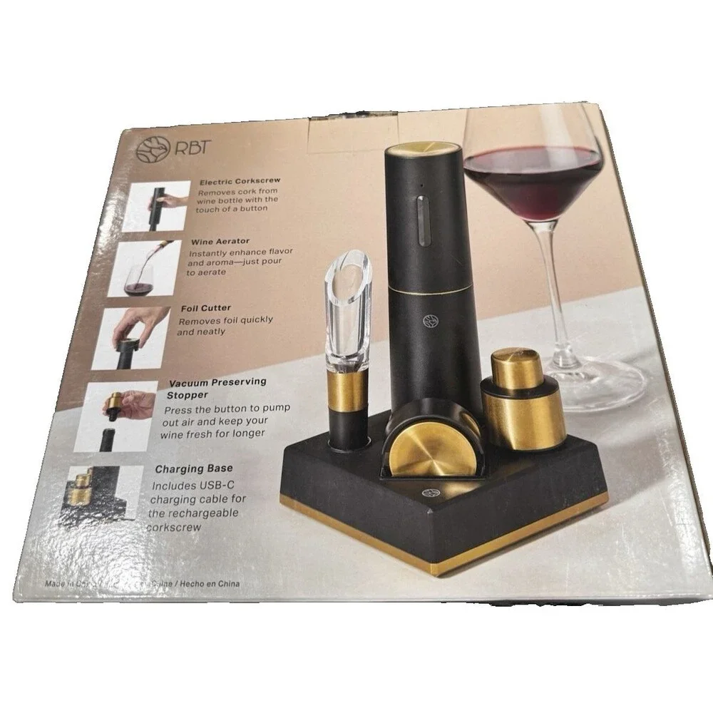 RBT 5 Piece Electric Wine Set Corkscrew Aerator Stopper Foil Cutter Base New
